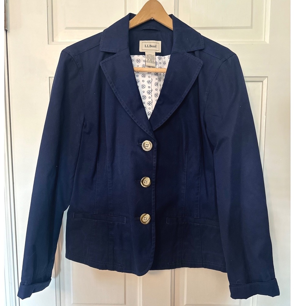 L.L. Bean Womens Petite Blazer‎ Jacket Size 12P Navy Blue Cotton 3 Button